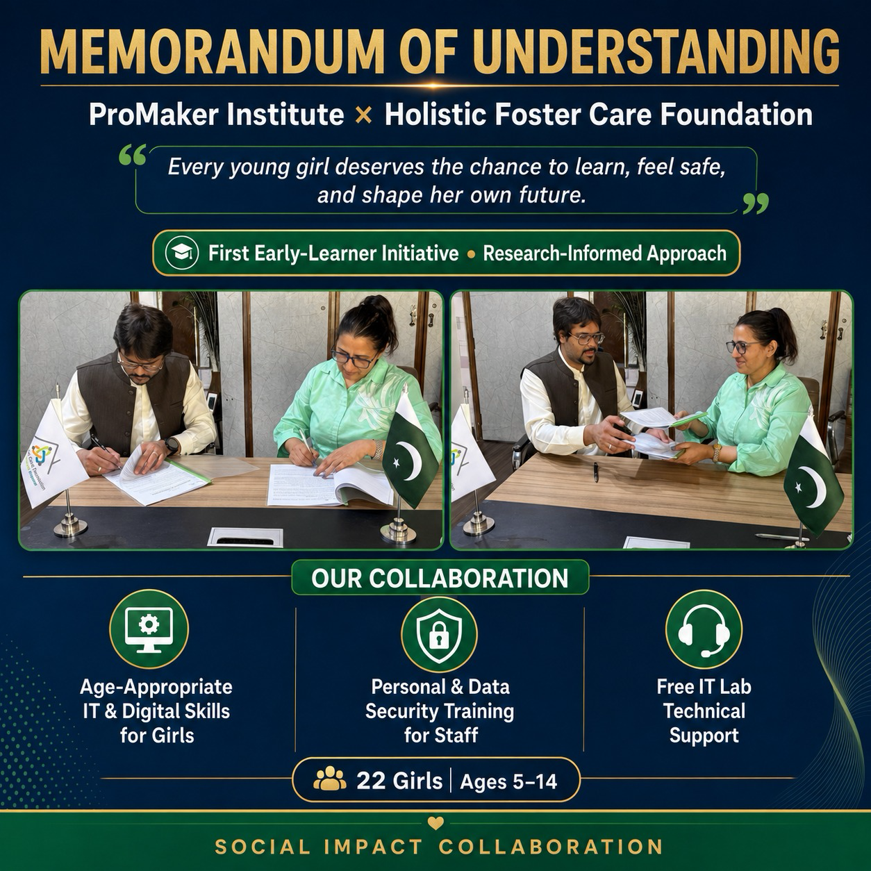 Memorandum of Understanding between PROMAKER Institute and Holistic Foster Care Foundation for early-learner IT skills